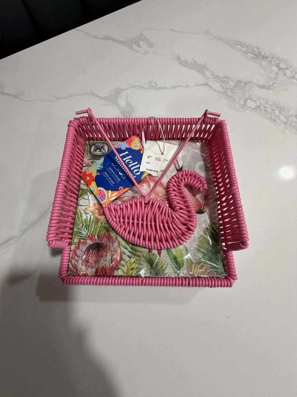 Ciroa Pink Flamingo Wicker Napkin Holder and Napkins Set